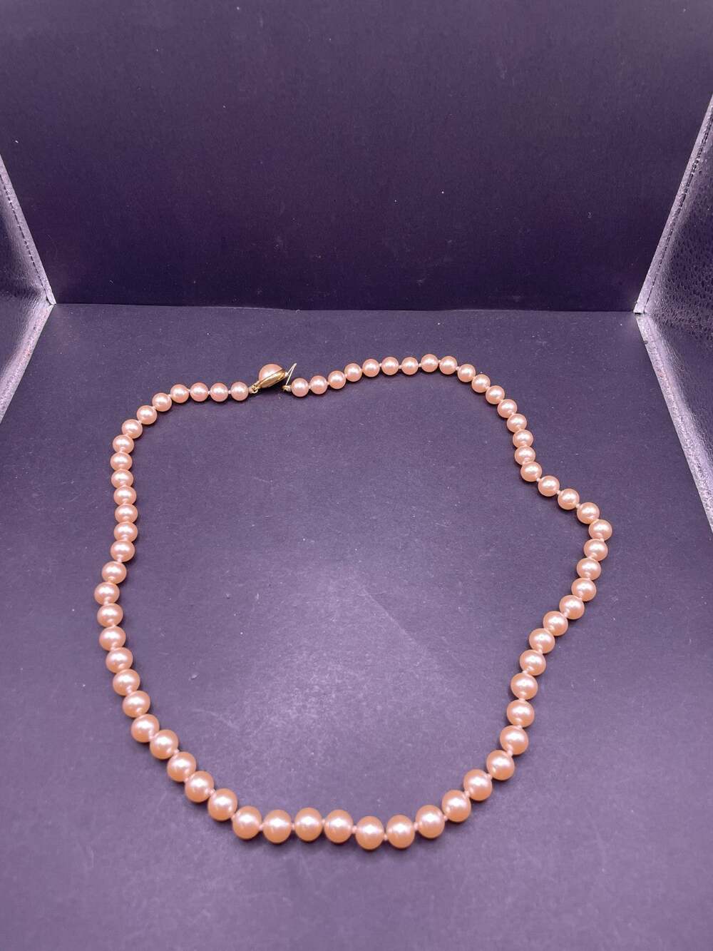 Vintage Touch Of Pink Pearl Strand Single Row Necklace Gold Clasp Hand Knotted